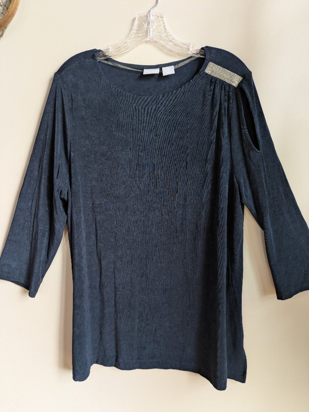chicos travelers dark navy 3/4 sleeve blouse rhinestone shoulder size 3 #636